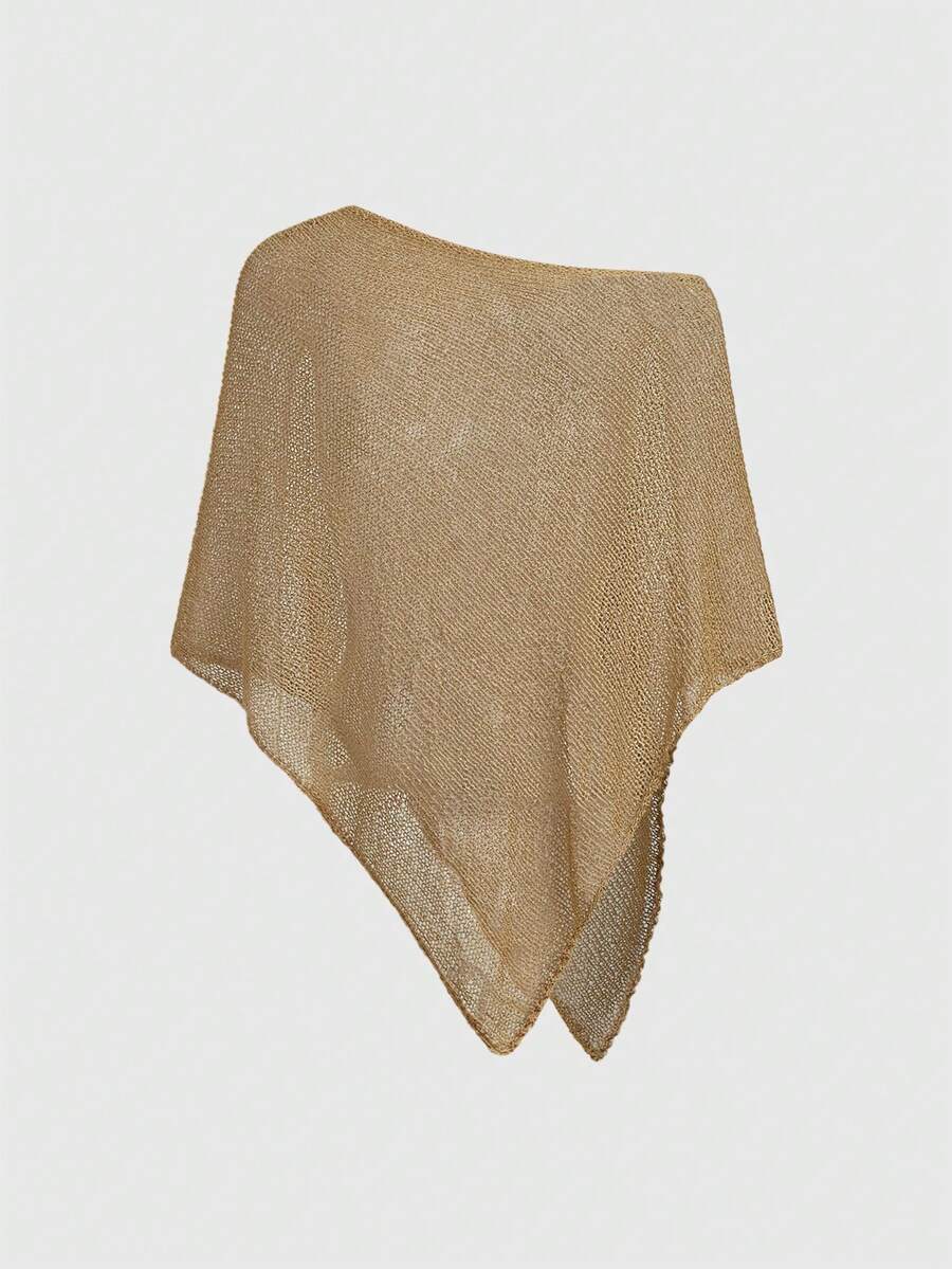 Women's casual hollow knit poncho top with boat neck, cloak sleeves, and asymmetrical hem