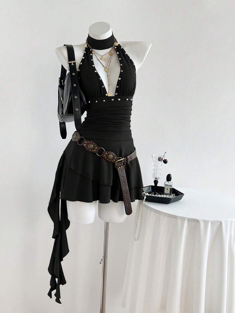 Women's coffee short halter V-neck dress with backless lace-up detail, cinched high waist, and ruffle tiered hem