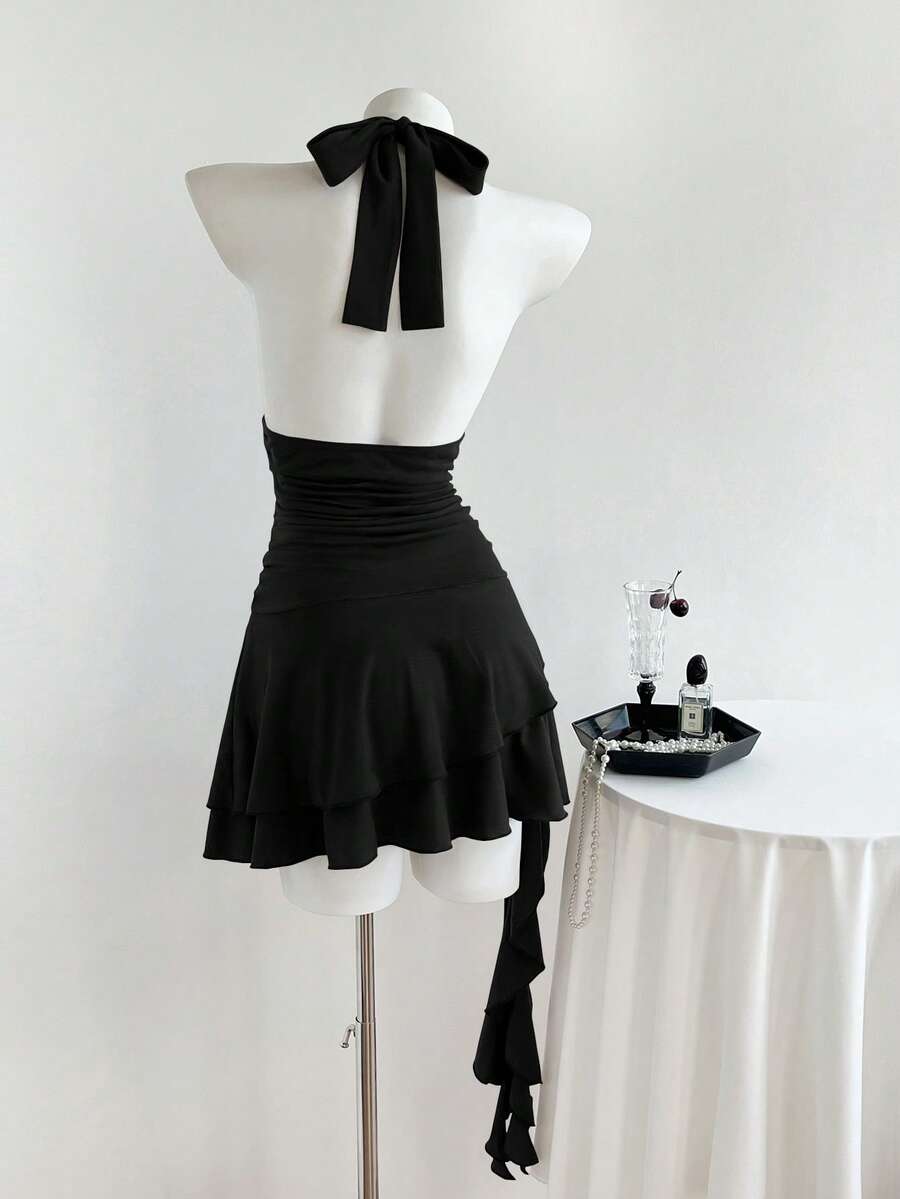 Women's coffee short halter V-neck dress with backless lace-up detail, cinched high waist, and ruffle tiered hem