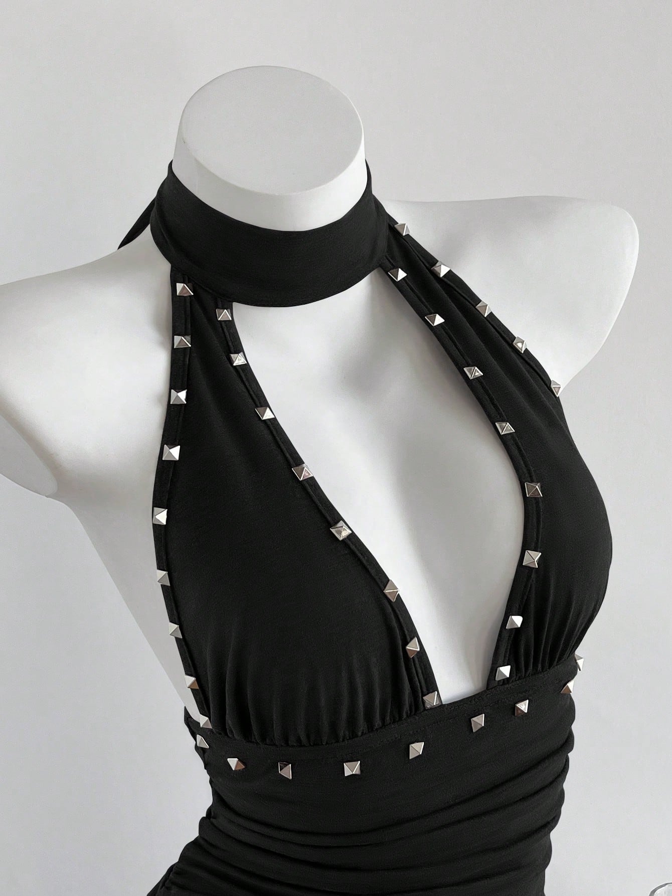 Women's coffee short halter V-neck dress with backless lace-up detail, cinched high waist, and ruffle tiered hem