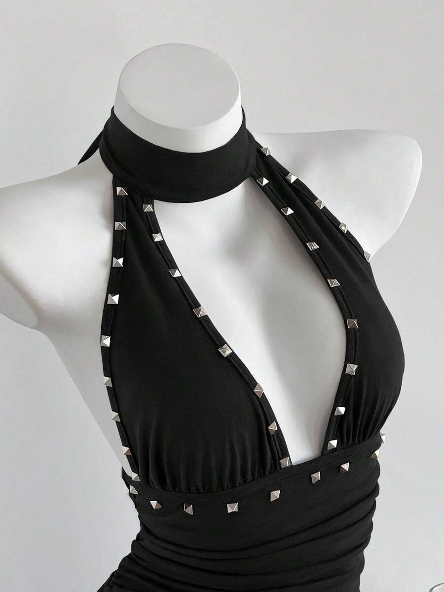 Women's coffee short halter V-neck dress with backless lace-up detail, cinched high waist, and ruffle tiered hem