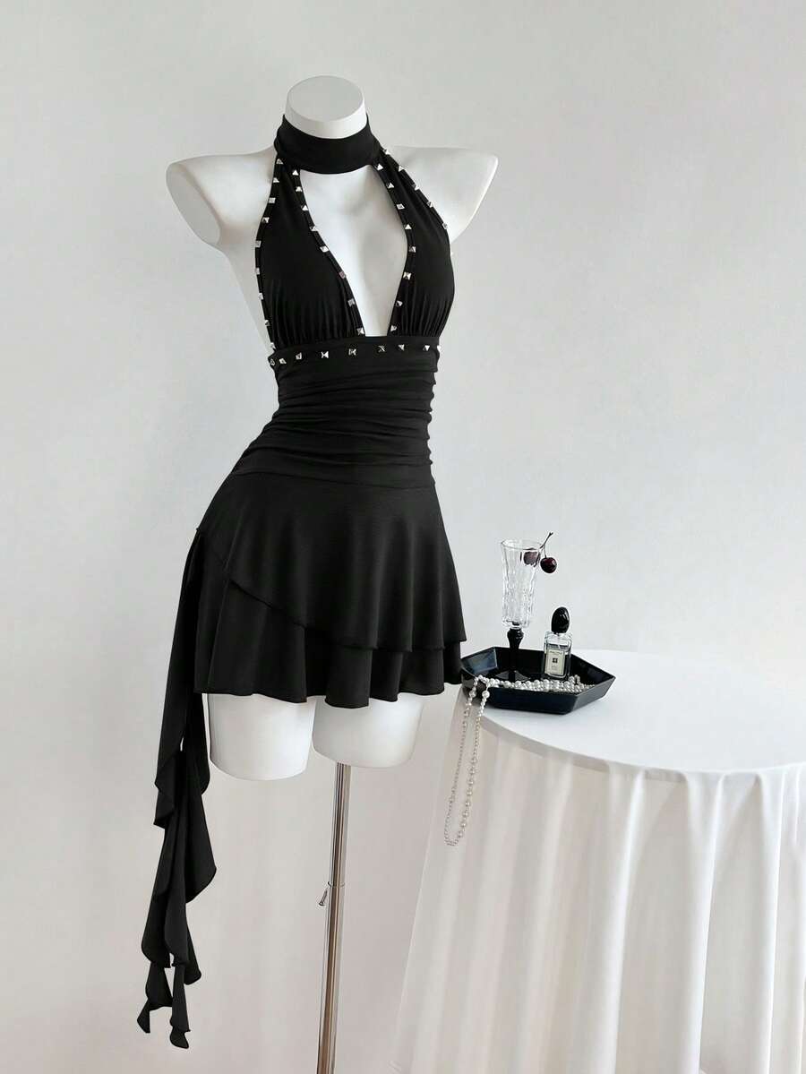 Women's coffee short halter V-neck dress with backless lace-up detail, cinched high waist, and ruffle tiered hem