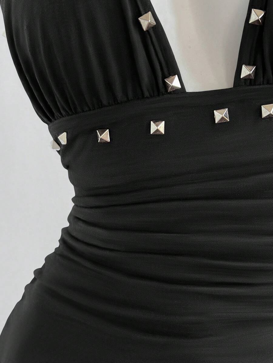 Women's coffee short halter V-neck dress with backless lace-up detail, cinched high waist, and ruffle tiered hem