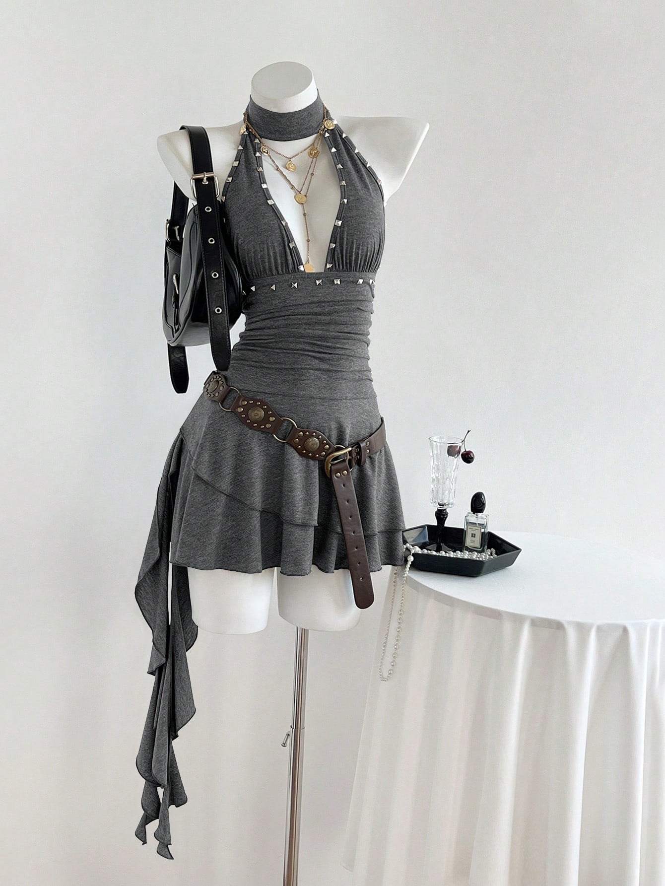 Women's coffee short halter V-neck dress with backless lace-up detail, cinched high waist, and ruffle tiered hem