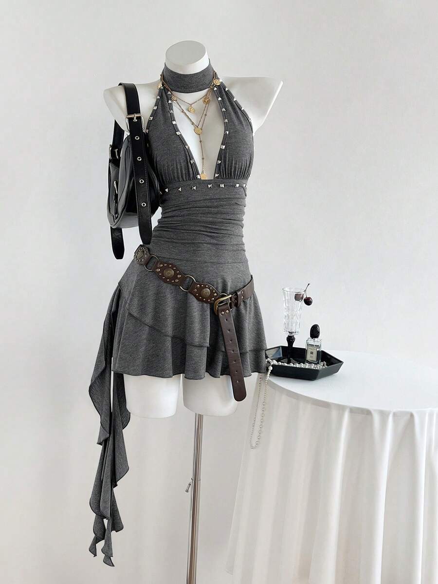 Women's coffee short halter V-neck dress with backless lace-up detail, cinched high waist, and ruffle tiered hem