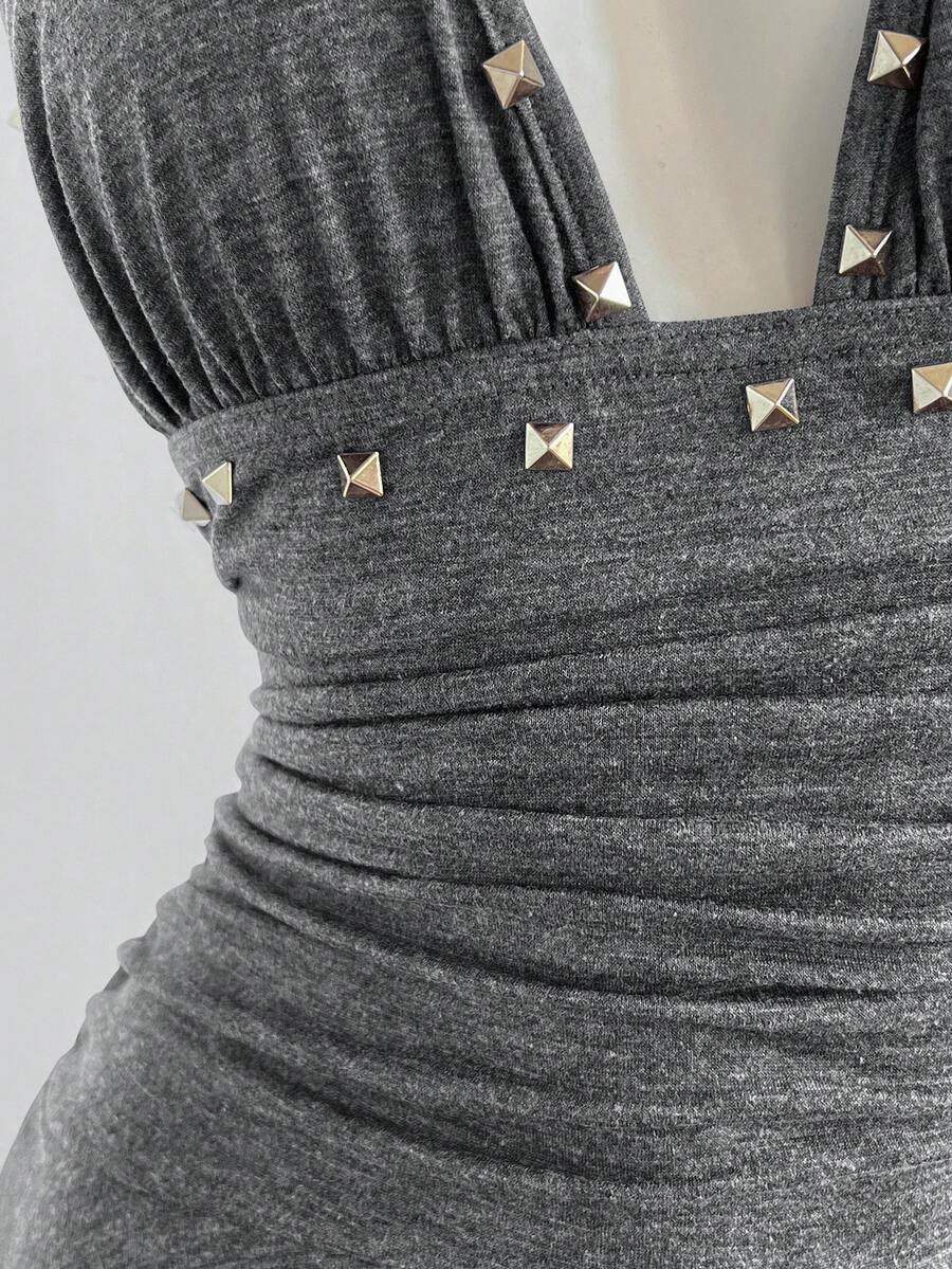 Women's coffee short halter V-neck dress with backless lace-up detail, cinched high waist, and ruffle tiered hem