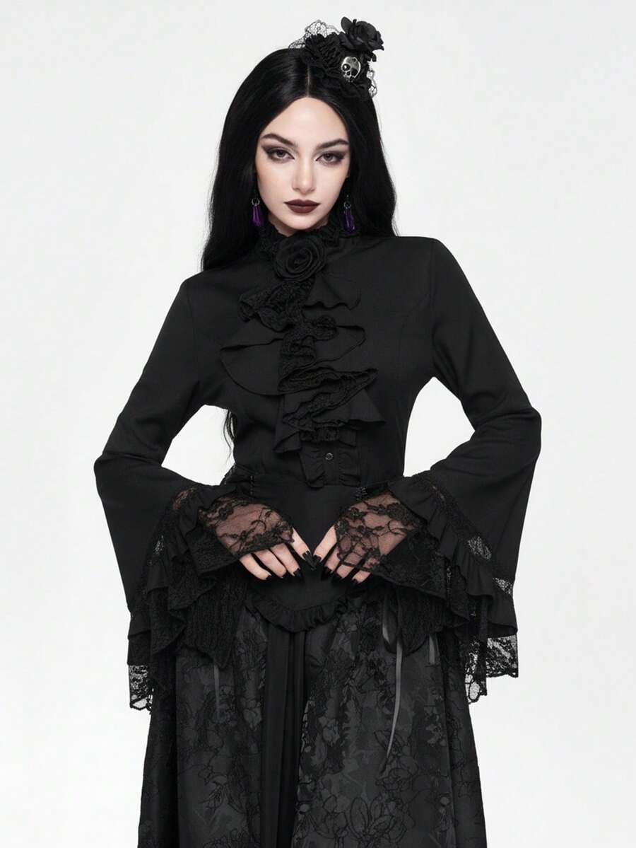Women's gothic lace blouse with flare long sleeves, tie neckline, and semi-sheer embroidery details.