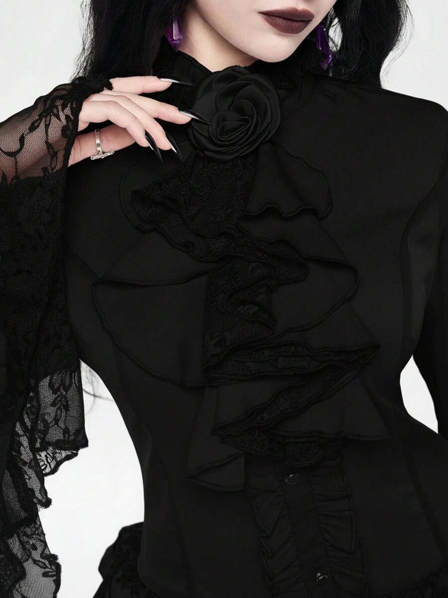 Women's gothic lace blouse with flare long sleeves, tie neckline, and semi-sheer embroidery details.