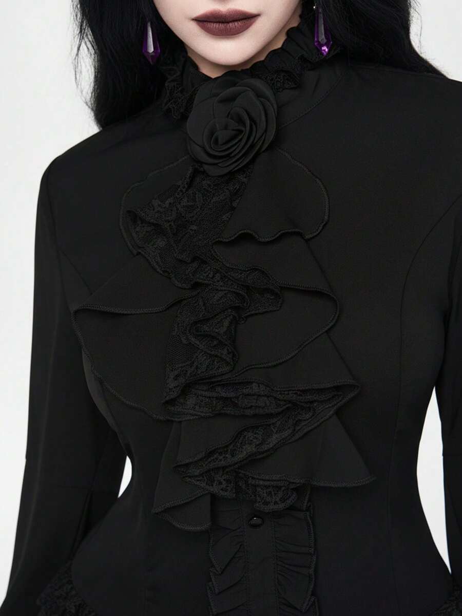 Women's gothic lace blouse with flare long sleeves, tie neckline, and semi-sheer embroidery details.