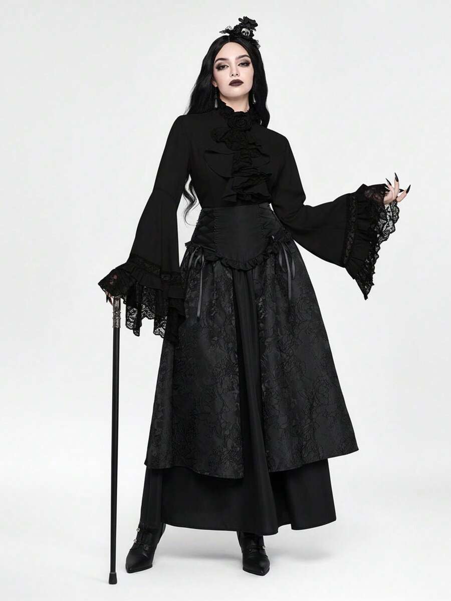 Women's gothic lace blouse with flare long sleeves, tie neckline, and semi-sheer embroidery details.