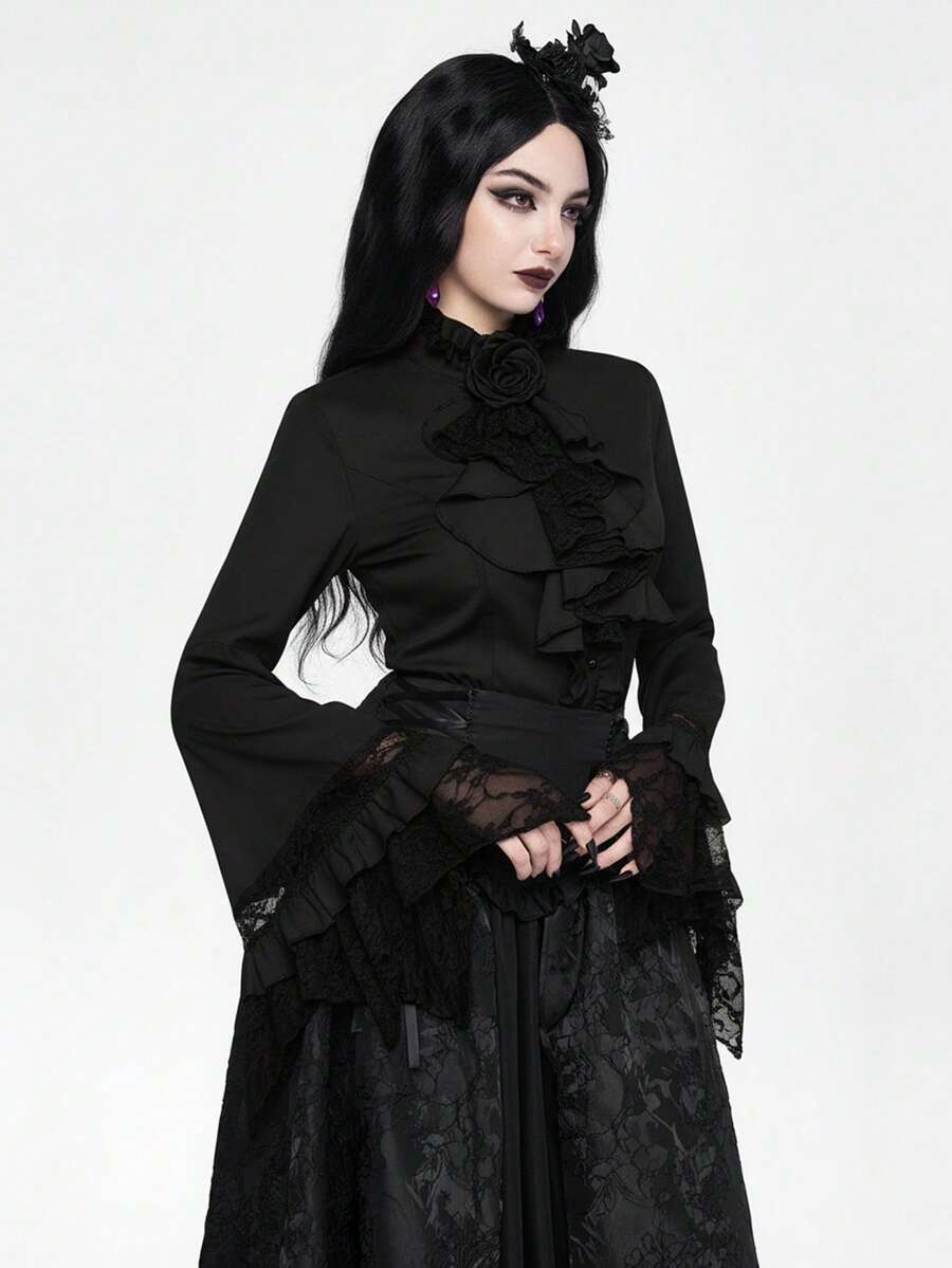 Women's gothic lace blouse with flare long sleeves, tie neckline, and semi-sheer embroidery details.