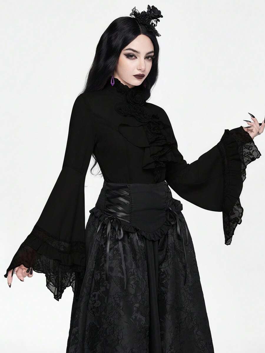 Women's gothic lace blouse with flare long sleeves, tie neckline, and semi-sheer embroidery details.