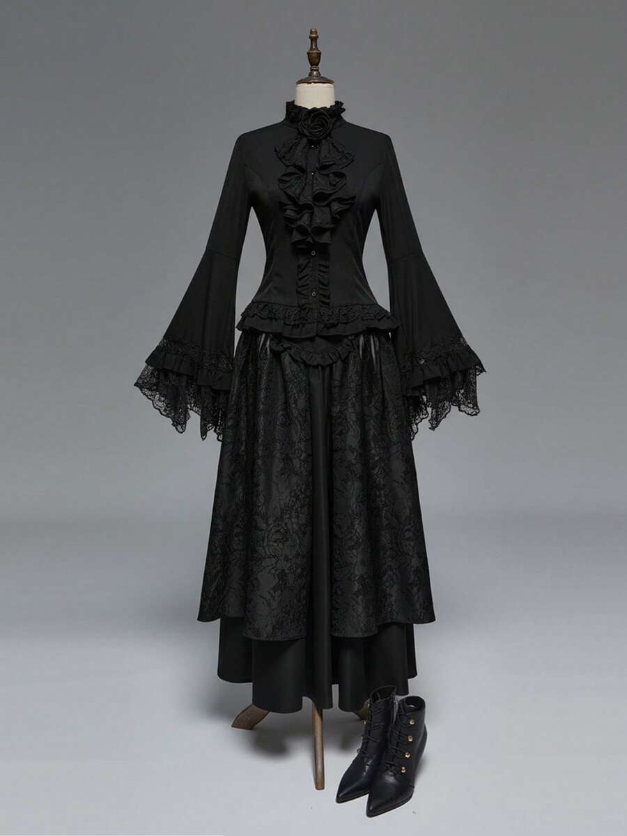 Women's gothic lace blouse with flare long sleeves, tie neckline, and semi-sheer embroidery details.