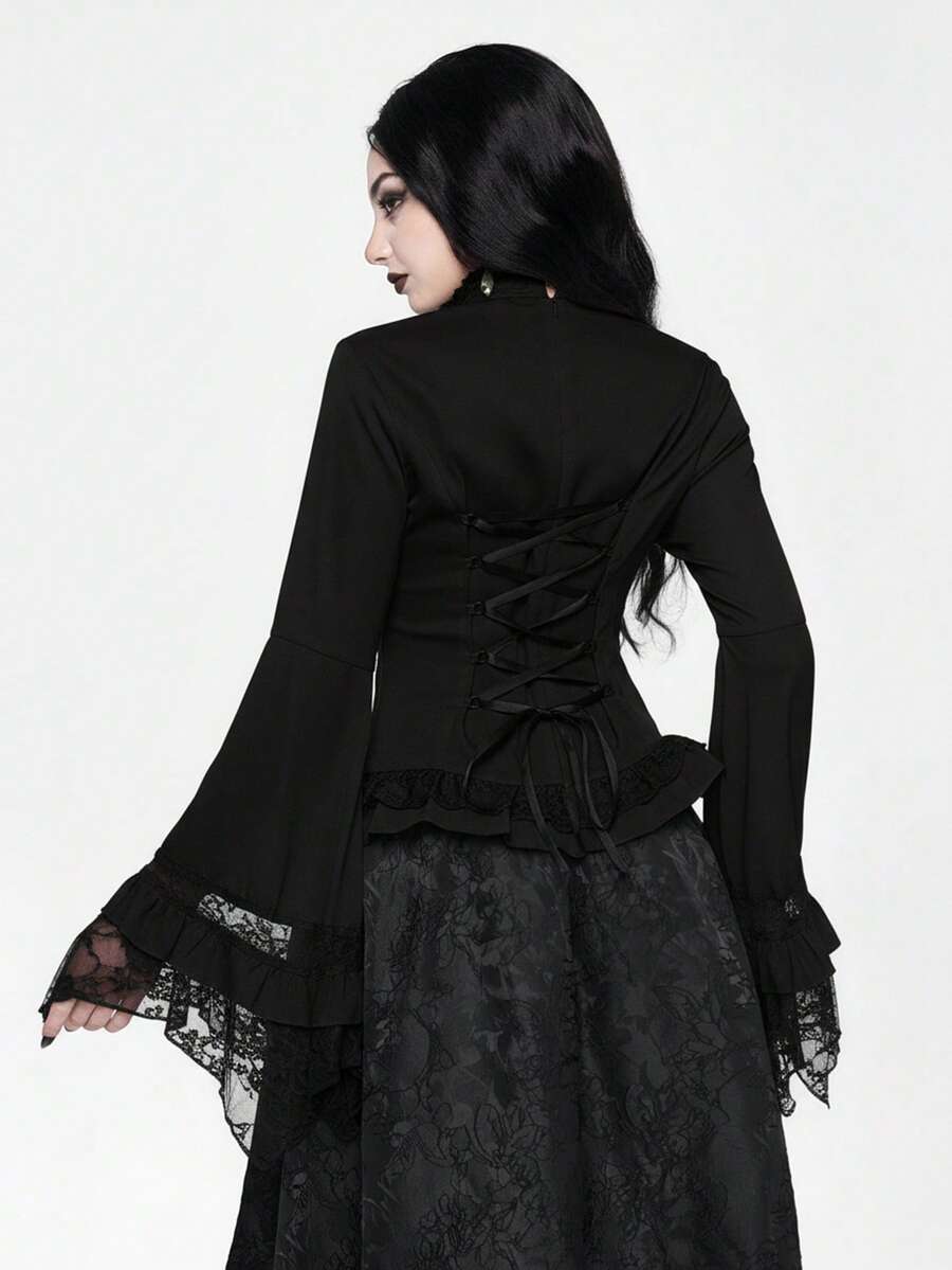 Women's gothic lace blouse with flare long sleeves, tie neckline, and semi-sheer embroidery details.