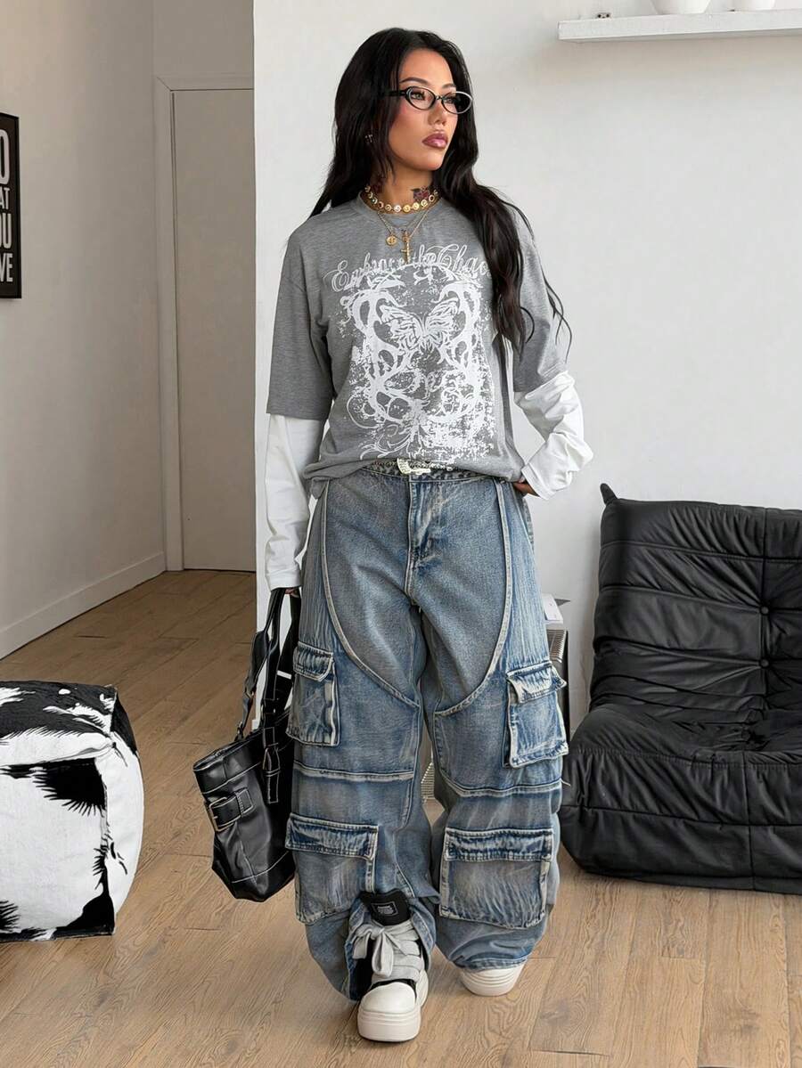 Women's casual graphic long sleeve t-shirt with a round neck, drop shoulder sleeves, and loose relaxed fit.