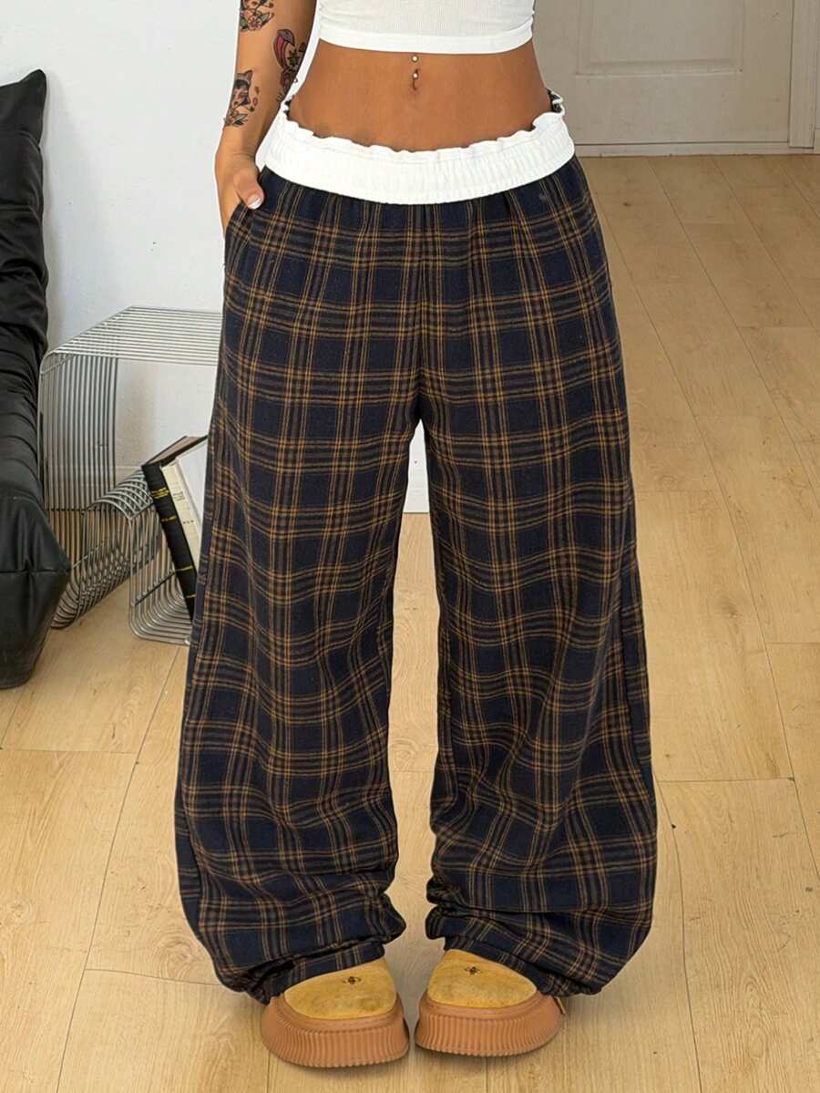 Women's striped straight leg casual trousers with elastic mid waist and side pockets