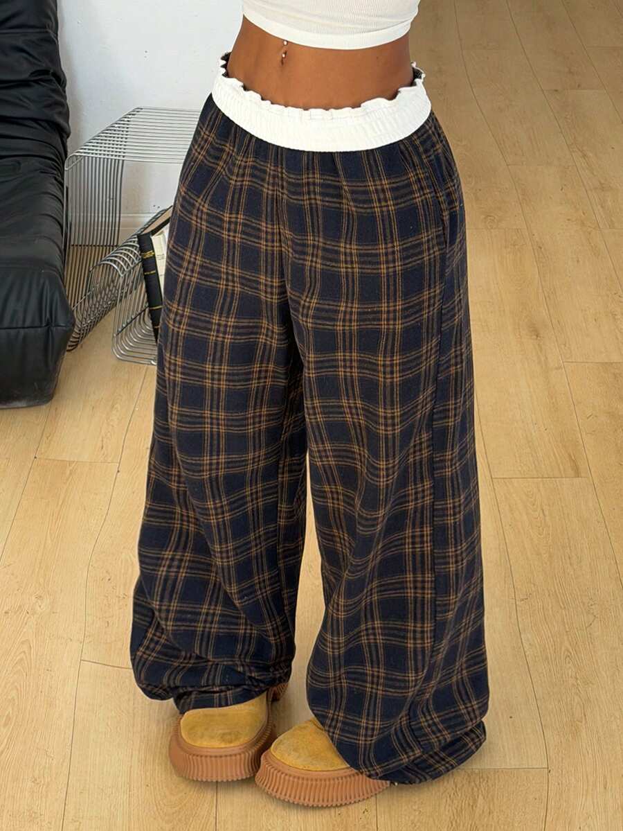 Women's striped straight leg casual trousers with elastic mid waist and side pockets