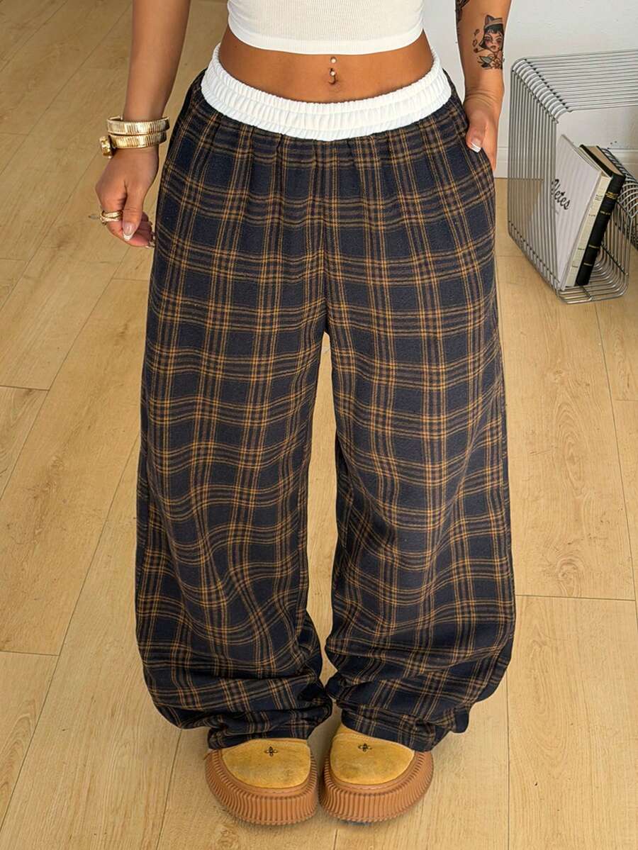 Women's striped straight leg casual trousers with elastic mid waist and side pockets