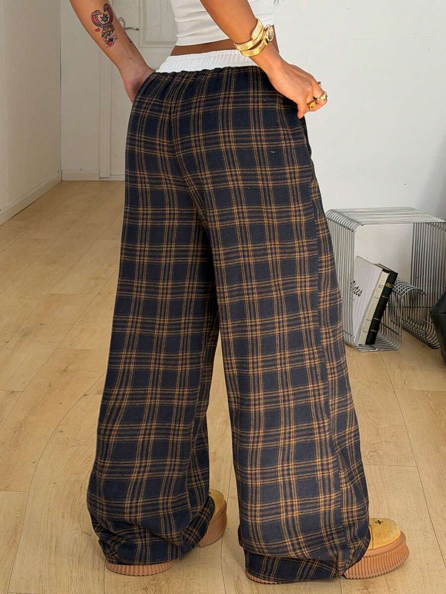 Women's striped straight leg casual trousers with elastic mid waist and side pockets