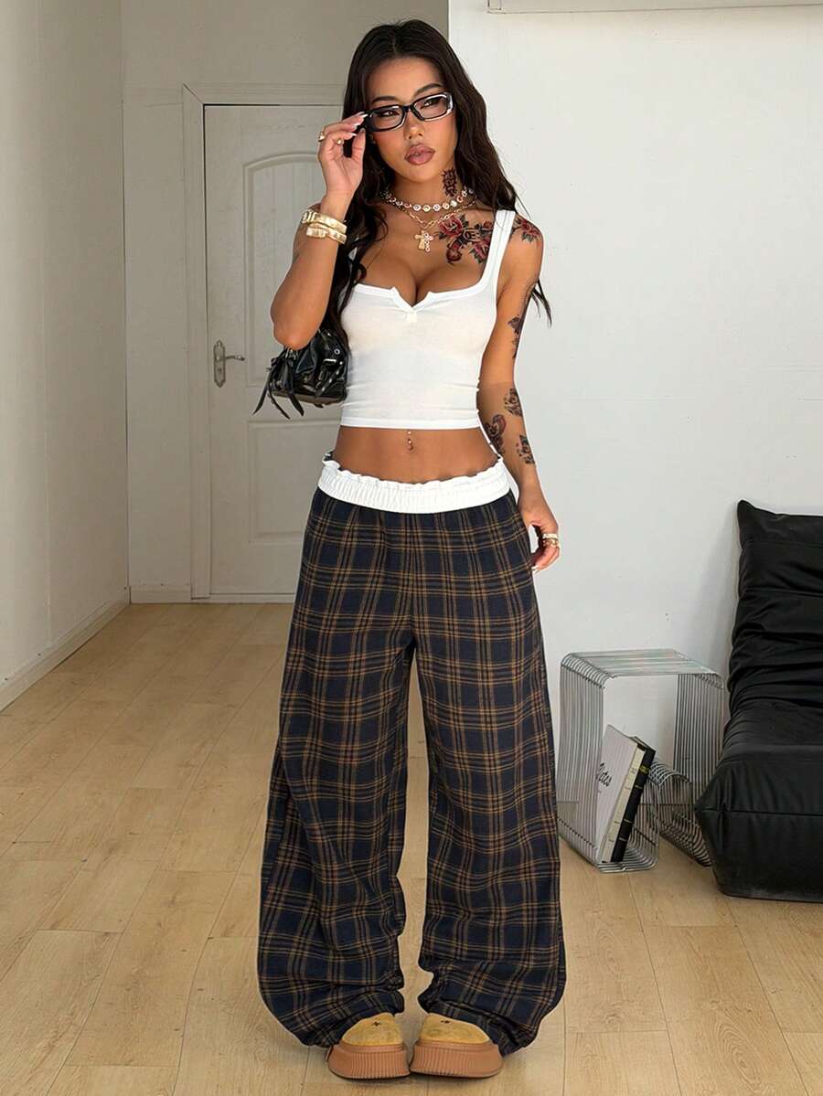 Women's striped straight leg casual trousers with elastic mid waist and side pockets
