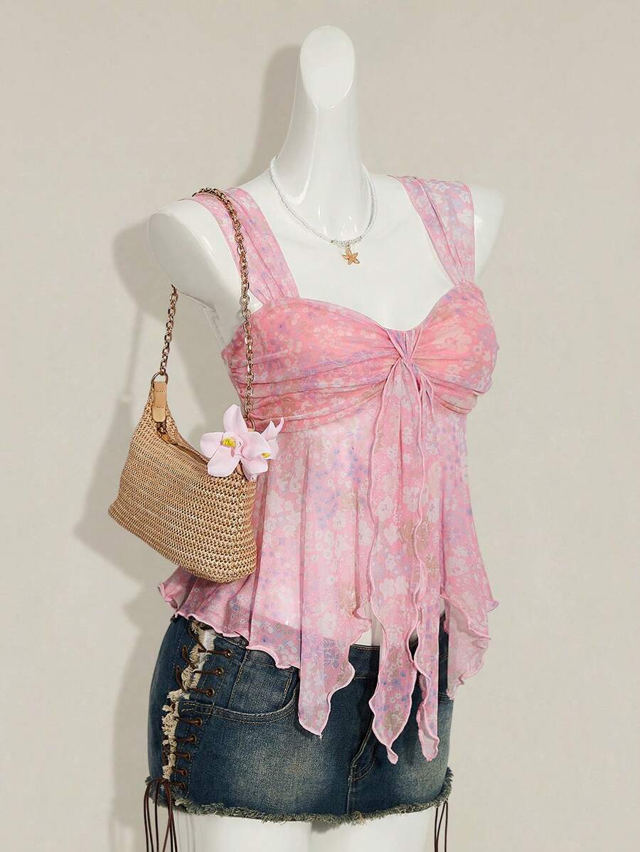Women's white cherry print cami top with wide straps, ruched knot detail, and an asymmetrical hem