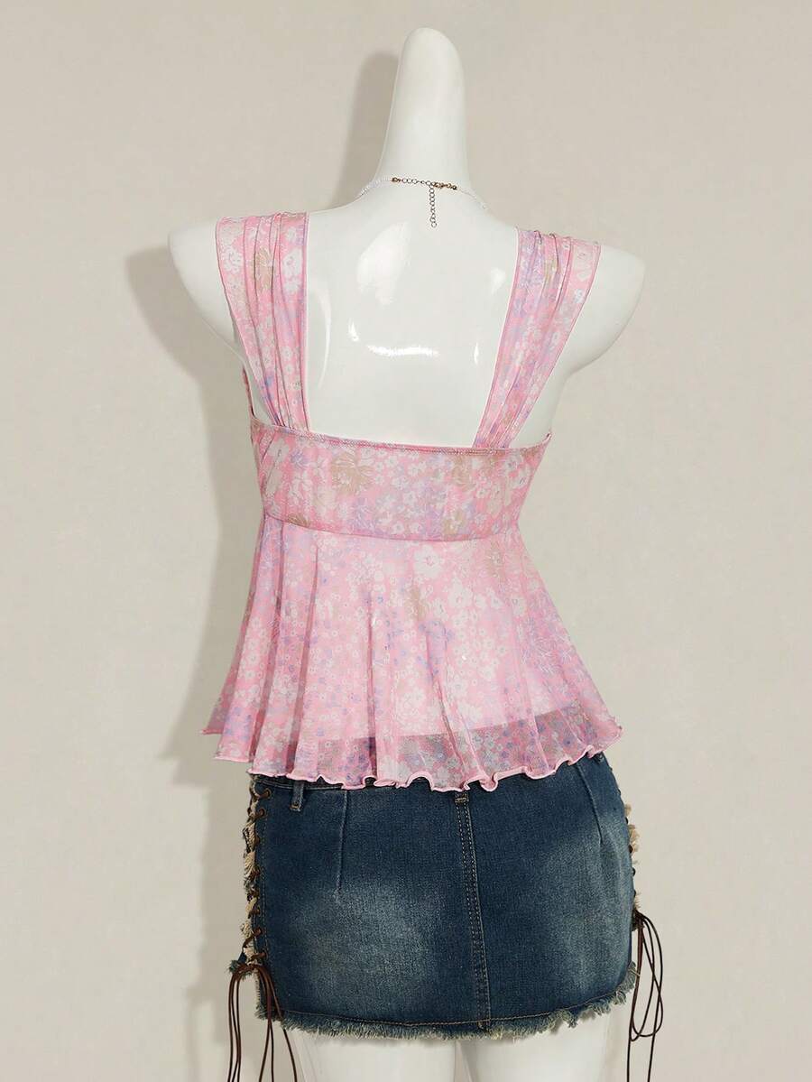 Women's white cherry print cami top with wide straps, ruched knot detail, and an asymmetrical hem