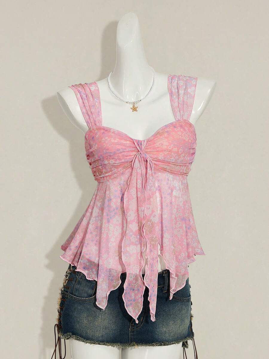 Women's white cherry print cami top with wide straps, ruched knot detail, and an asymmetrical hem