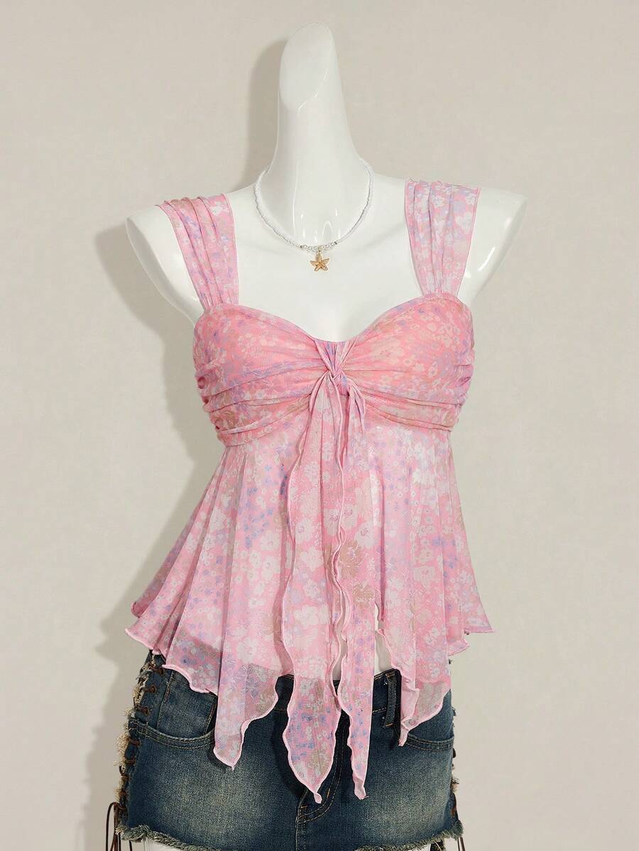 Women's white cherry print cami top with wide straps, ruched knot detail, and an asymmetrical hem