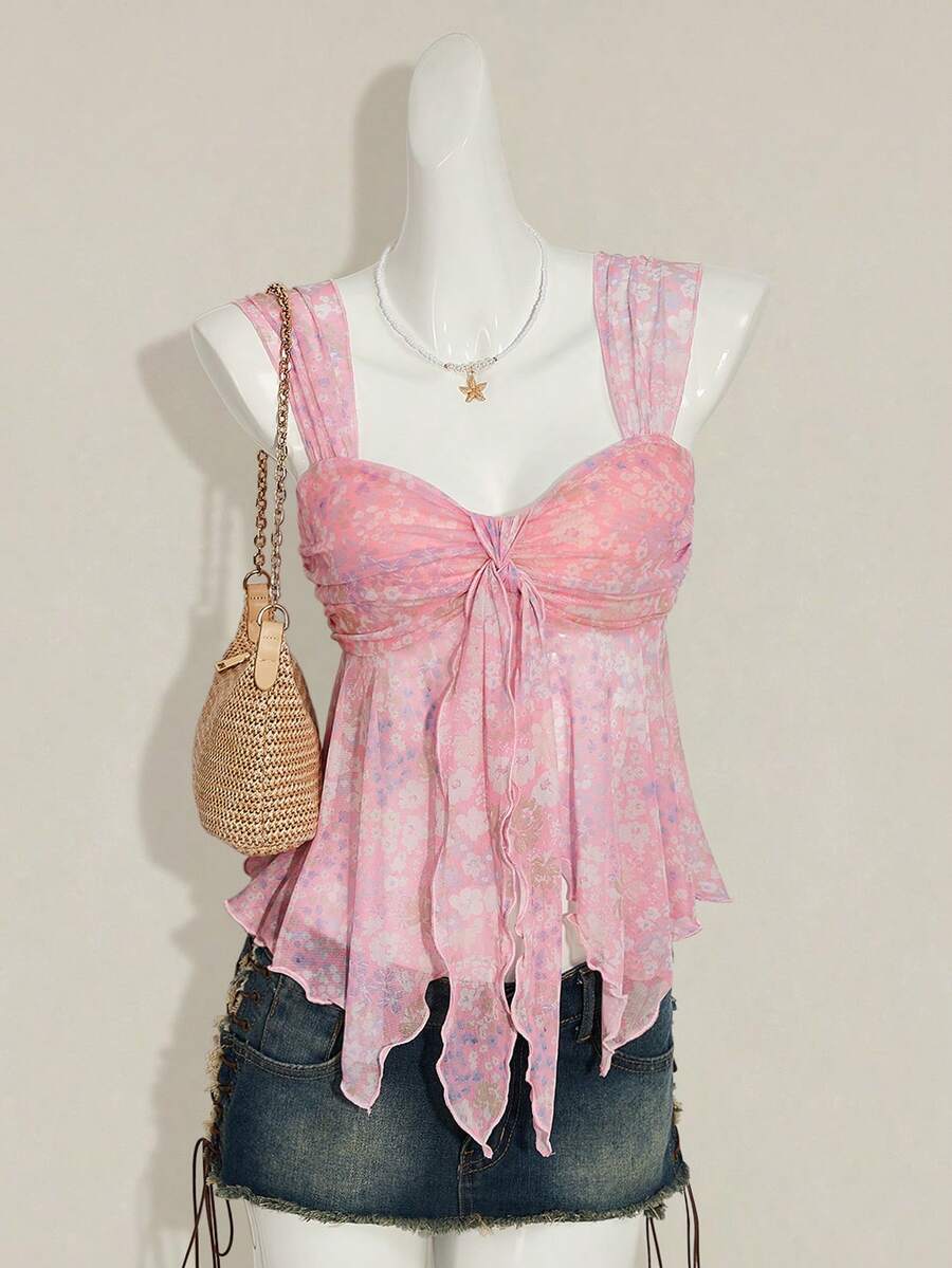 Women's white cherry print cami top with wide straps, ruched knot detail, and an asymmetrical hem