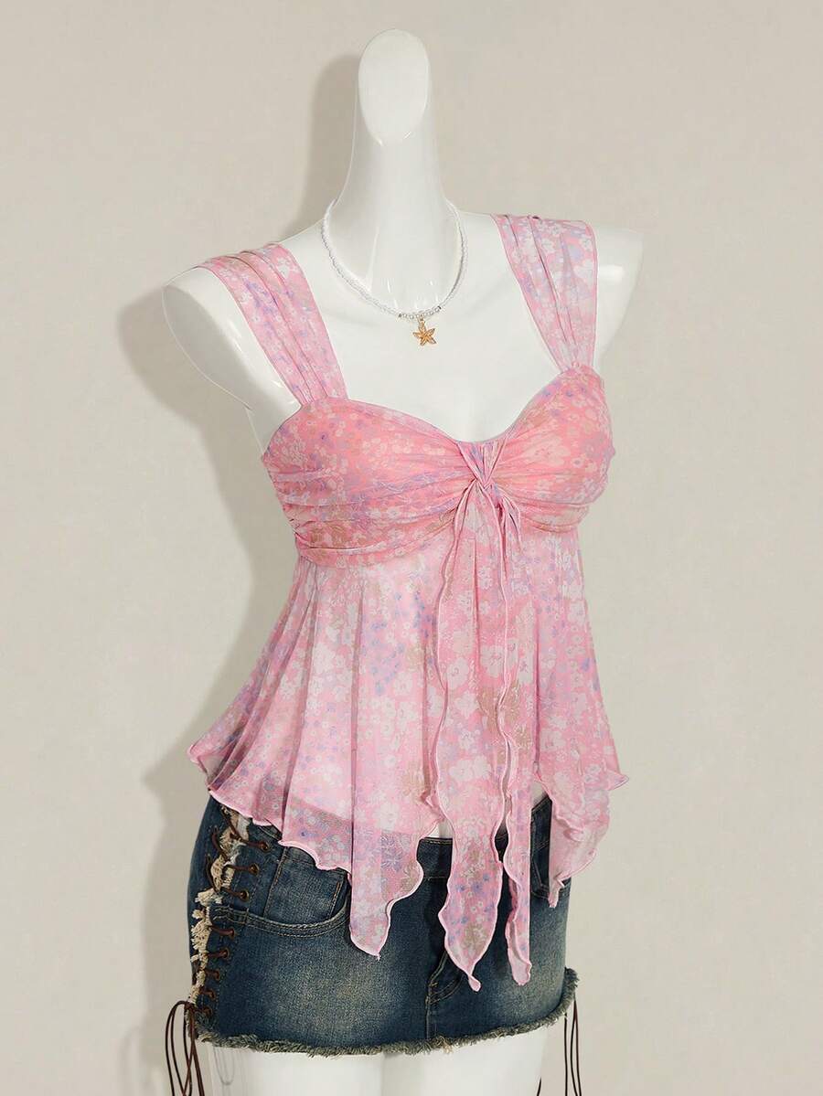 Women's white cherry print cami top with wide straps, ruched knot detail, and an asymmetrical hem