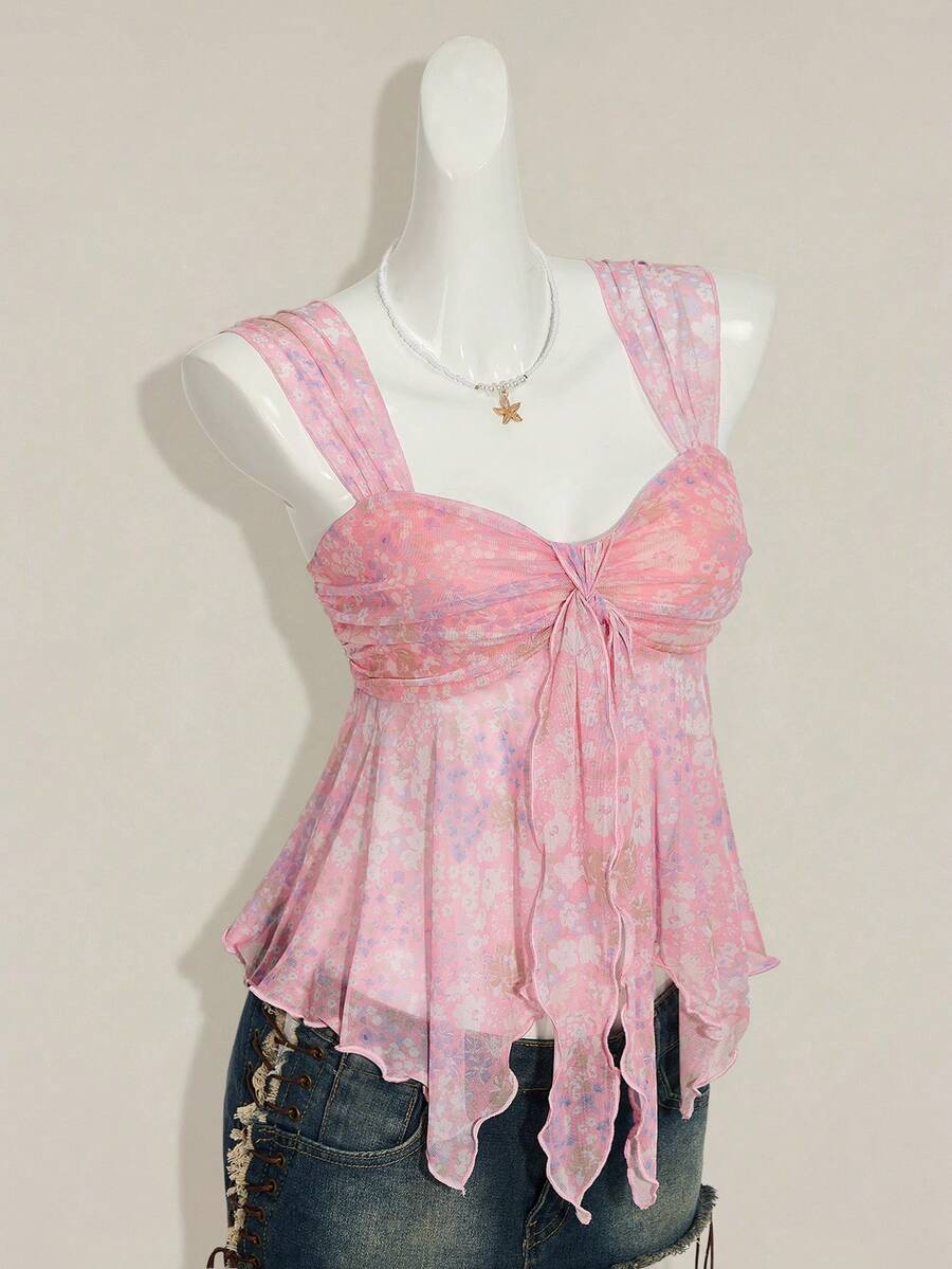 Women's white cherry print cami top with wide straps, ruched knot detail, and an asymmetrical hem