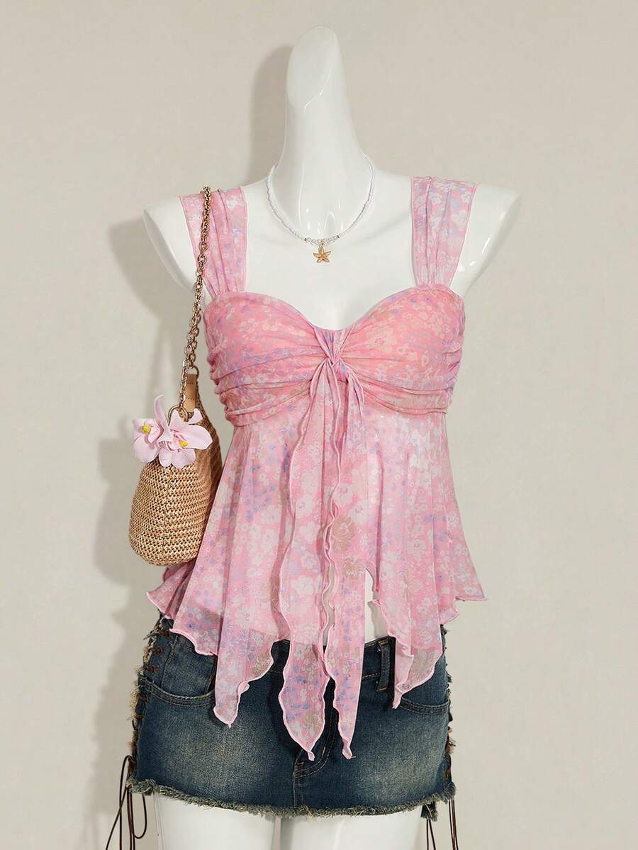 Women's white cherry print cami top with wide straps, ruched knot detail, and an asymmetrical hem