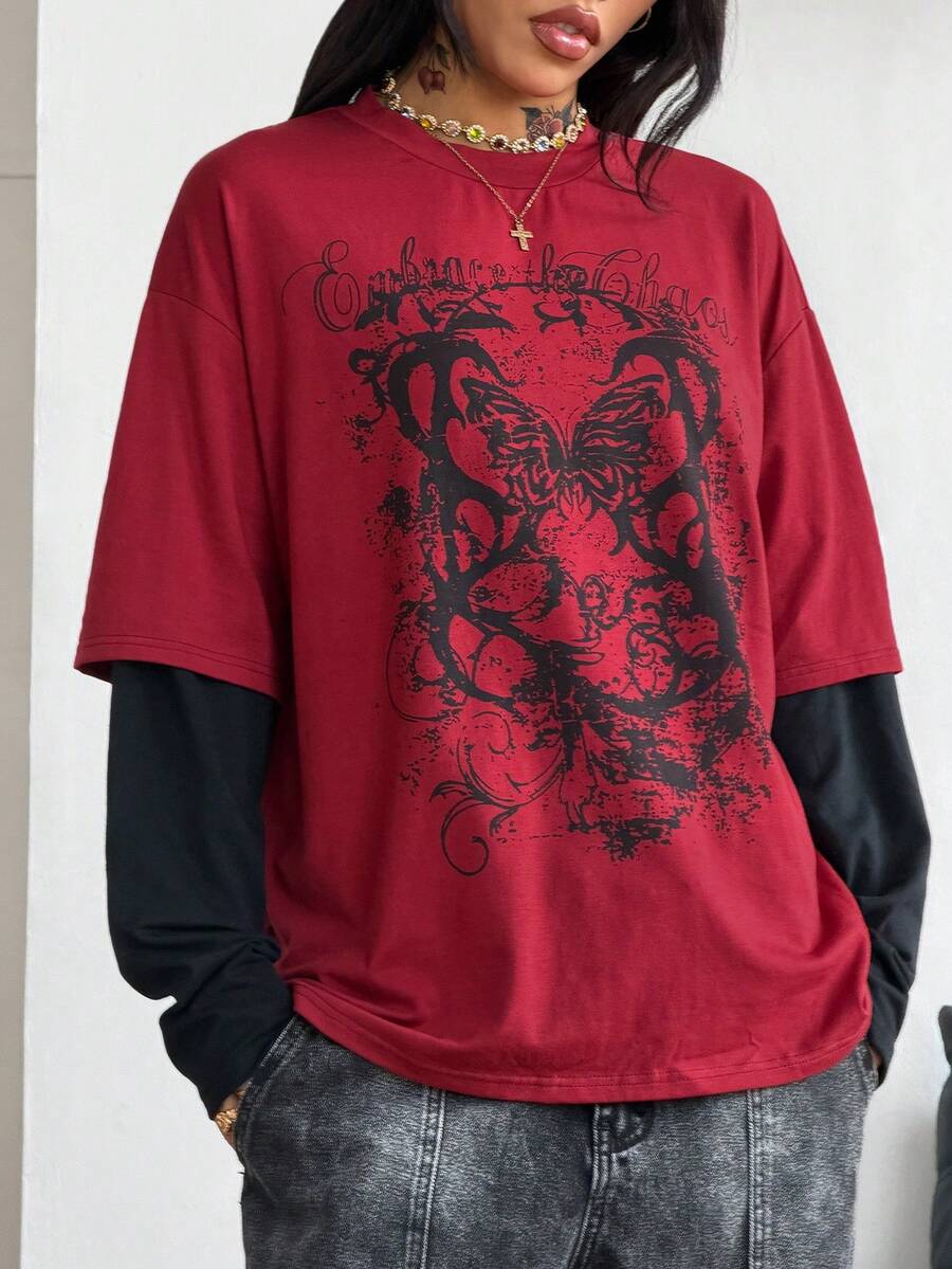 Women's casual graphic long sleeve t-shirt with a round neck, drop shoulder sleeves, and loose relaxed fit.