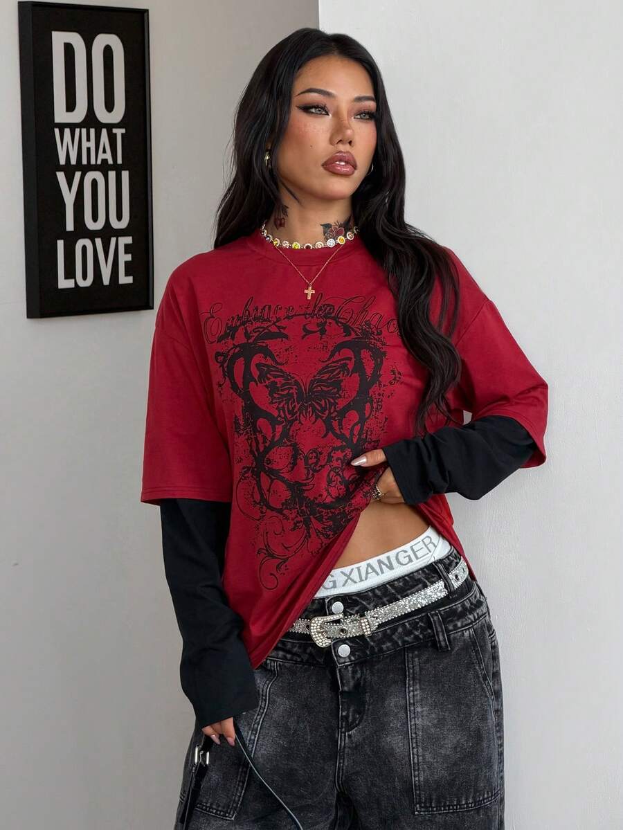 Women's casual graphic long sleeve t-shirt with a round neck, drop shoulder sleeves, and loose relaxed fit.