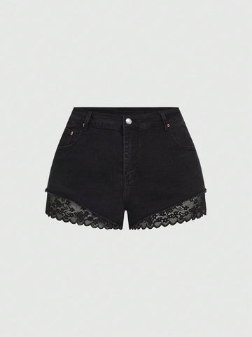 Front view of women's plus size skinny denim shorts featuring lace patchwork detailing, mid-rise waist, button zipper closure, and classic pockets.