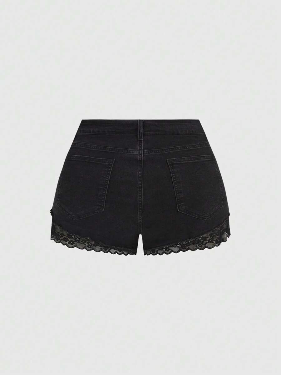 Front view of women's plus size skinny denim shorts featuring lace patchwork detailing, mid-rise waist, button zipper closure, and classic pockets.