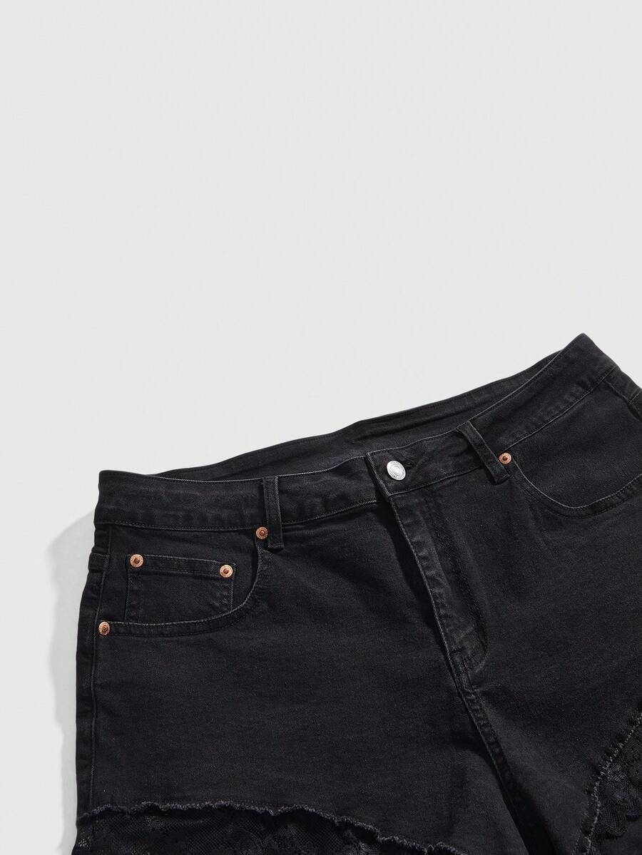 Front view of women's plus size skinny denim shorts featuring lace patchwork detailing, mid-rise waist, button zipper closure, and classic pockets.