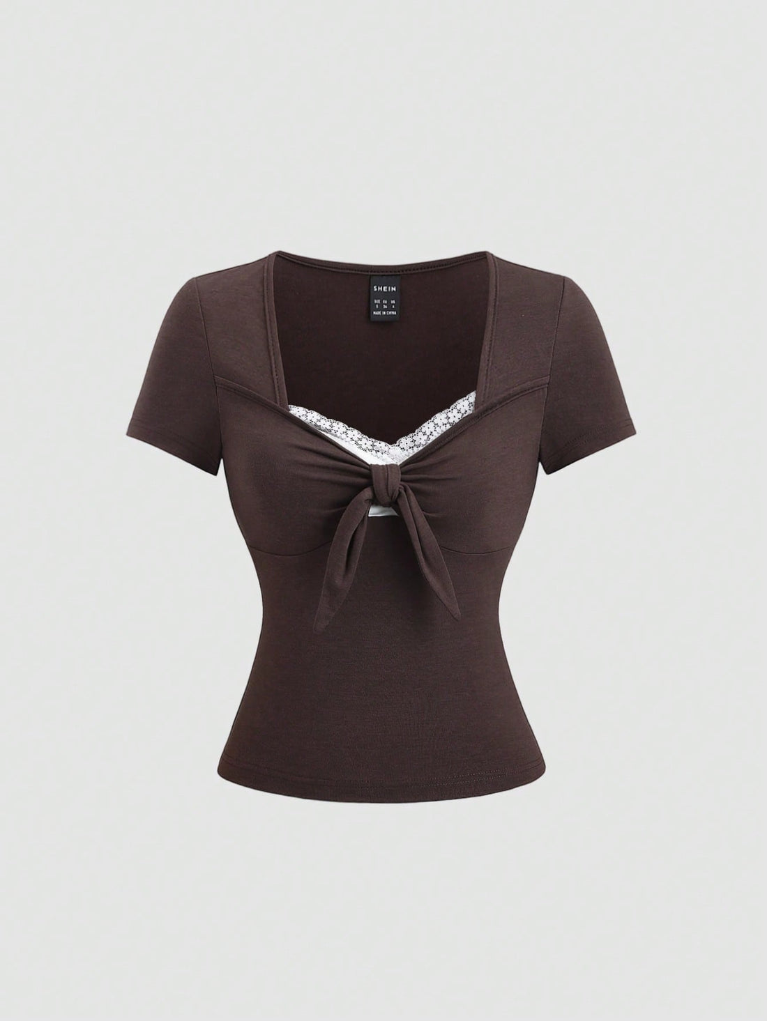 Women's casual short sleeve rib-knit t-shirt with a square neckline, contrast lace detailing, and ruched front.