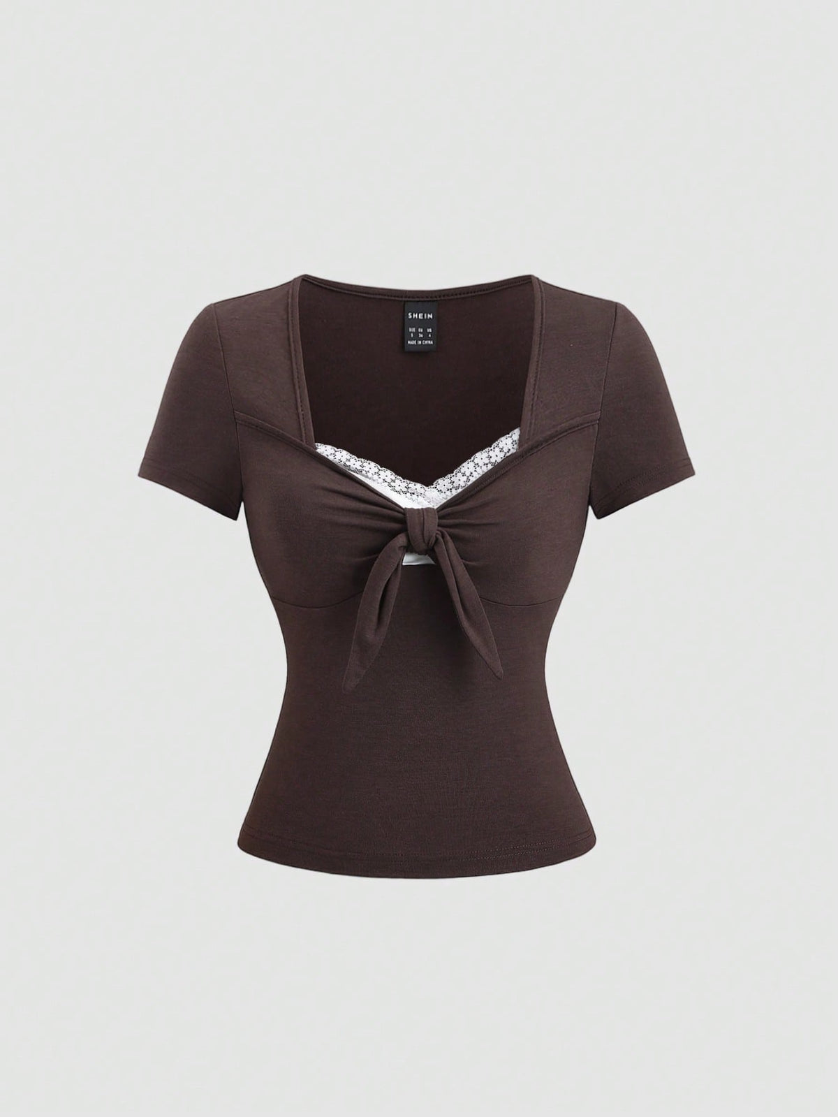 Women's casual short sleeve rib-knit t-shirt with a square neckline, contrast lace detailing, and ruched front.