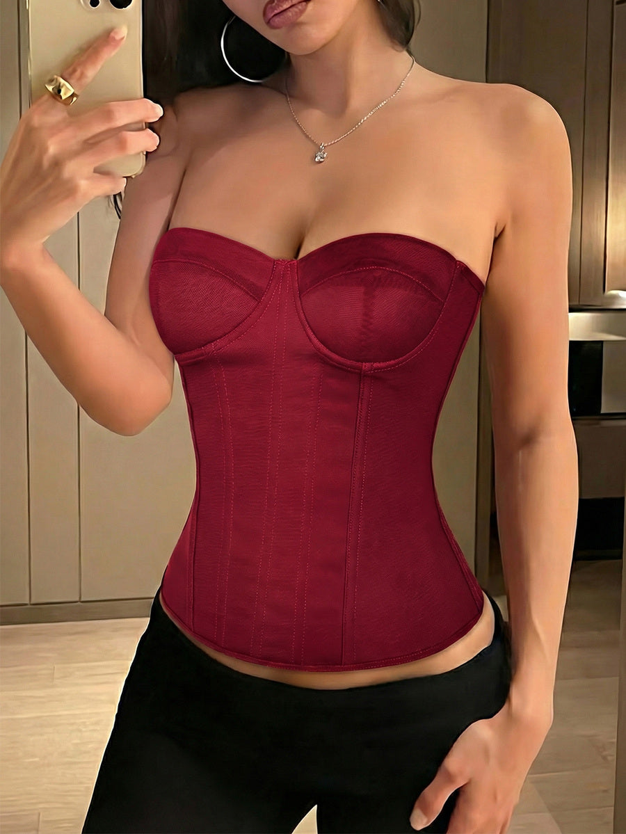 Solid color strapless corset tube top featuring a backless lace-up back design and cropped slim fit.