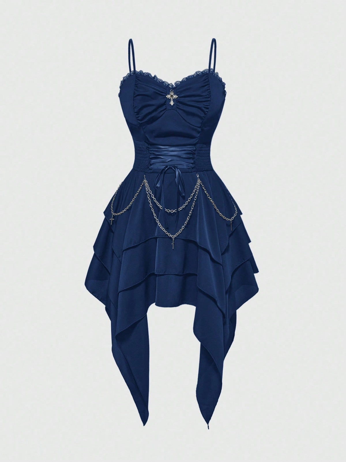 Women's vintage gothic cami dress with high-waist lace-up detail, spaghetti straps, zipper closure, and an asymmetrical knee-length hem.