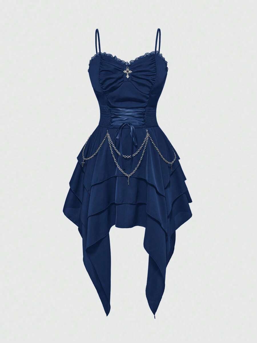 Women's vintage gothic cami dress with high-waist lace-up detail, spaghetti straps, zipper closure, and an asymmetrical knee-length hem.