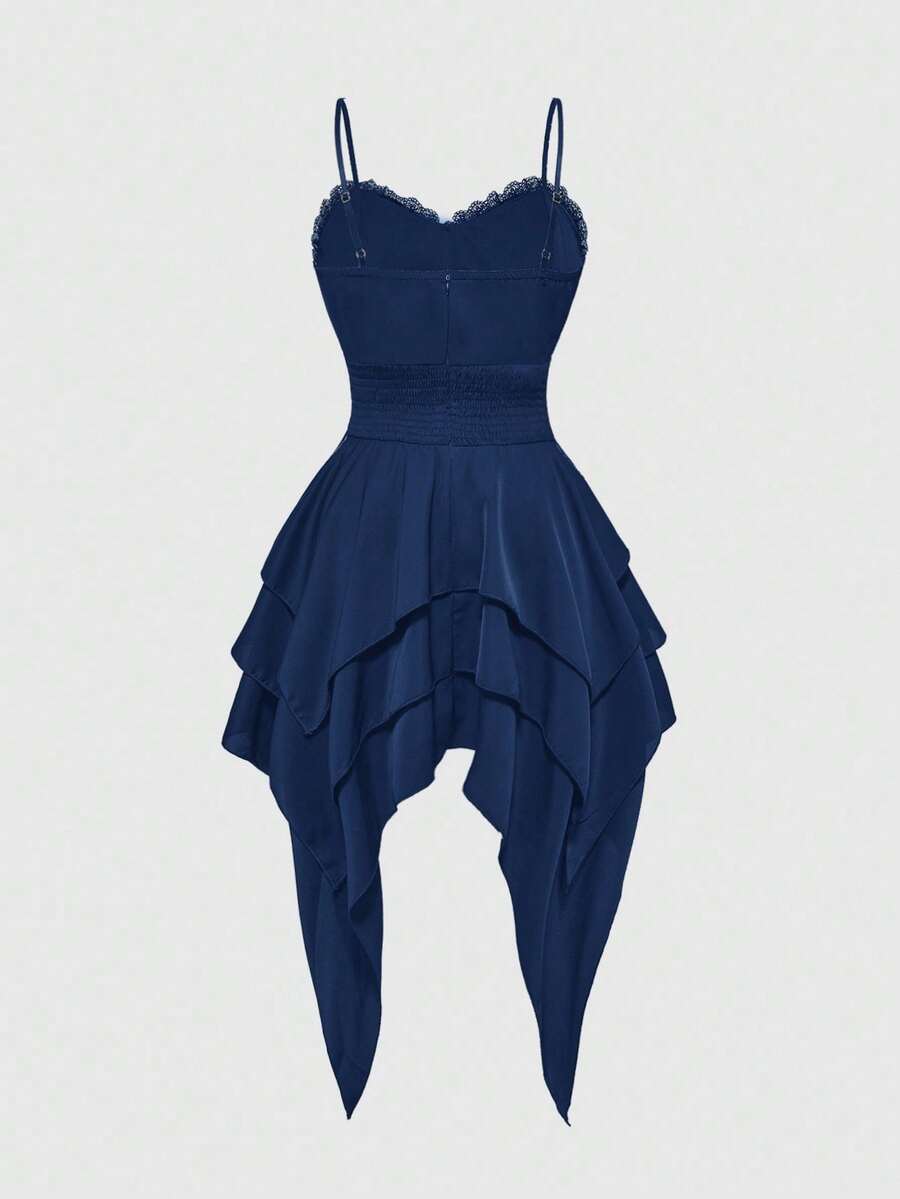 Women's vintage gothic cami dress with high-waist lace-up detail, spaghetti straps, zipper closure, and an asymmetrical knee-length hem.
