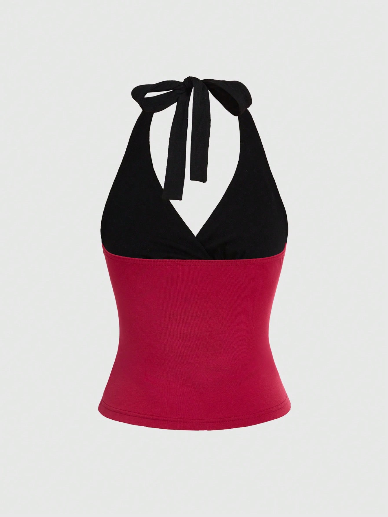 Women's black and white halter neck tank top with ladybug and daisy decor, geometric pattern, ruched front, knot detail, and backless design.