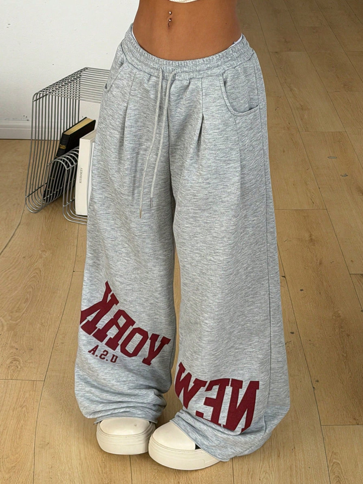 Women's loose straight leg casual pants with drawstring elastic waist and pockets