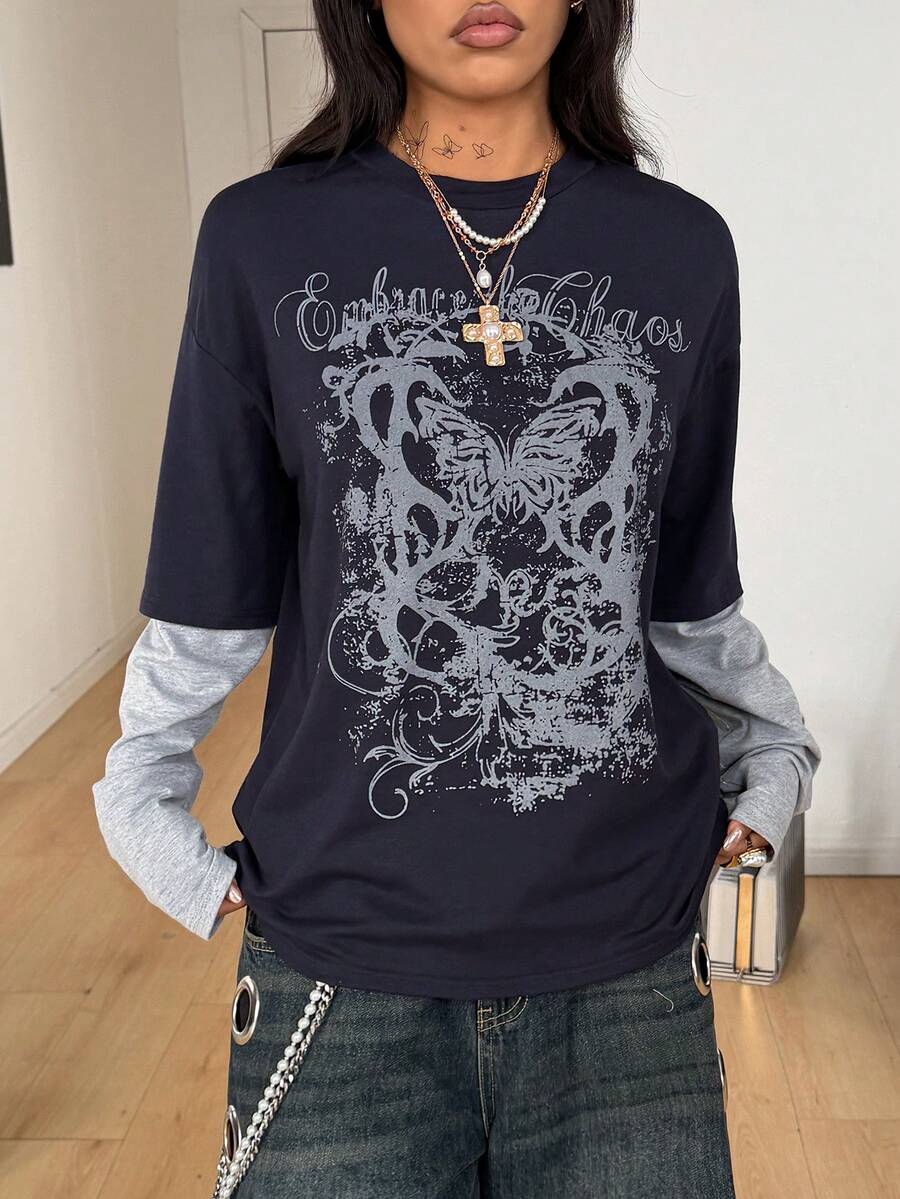 Women's casual graphic long sleeve t-shirt with a round neck, drop shoulder sleeves, and loose relaxed fit.
