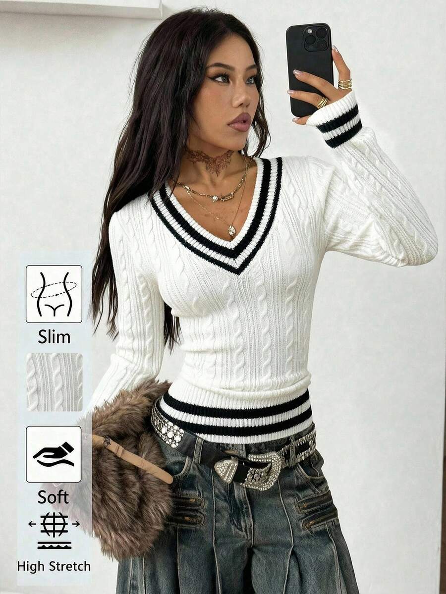 Women's slim fit cable-knit sweater with a V-neckline and long sleeves in solid green rib knit fabric.