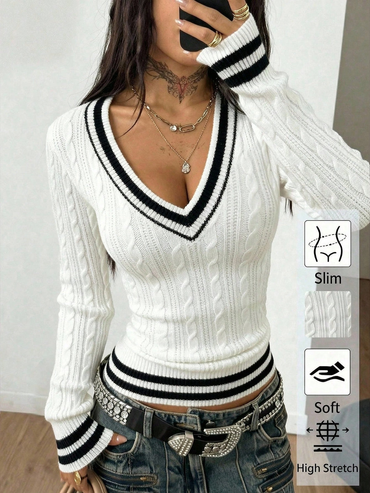 Women's slim fit cable-knit sweater with a V-neckline and long sleeves in solid green rib knit fabric.