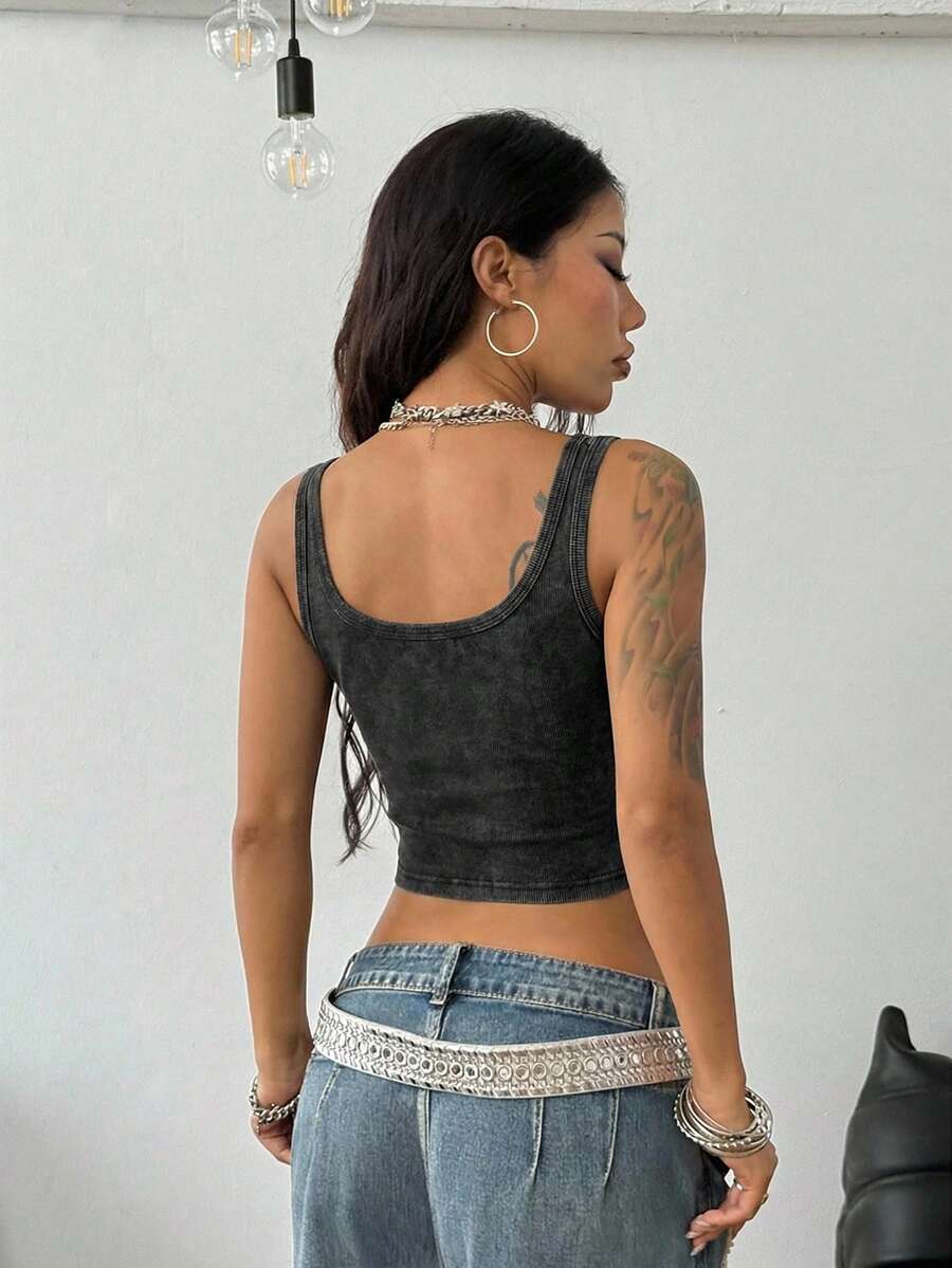 Women's black rib-knit crop tank top featuring a square neckline, slim fit, and button details.