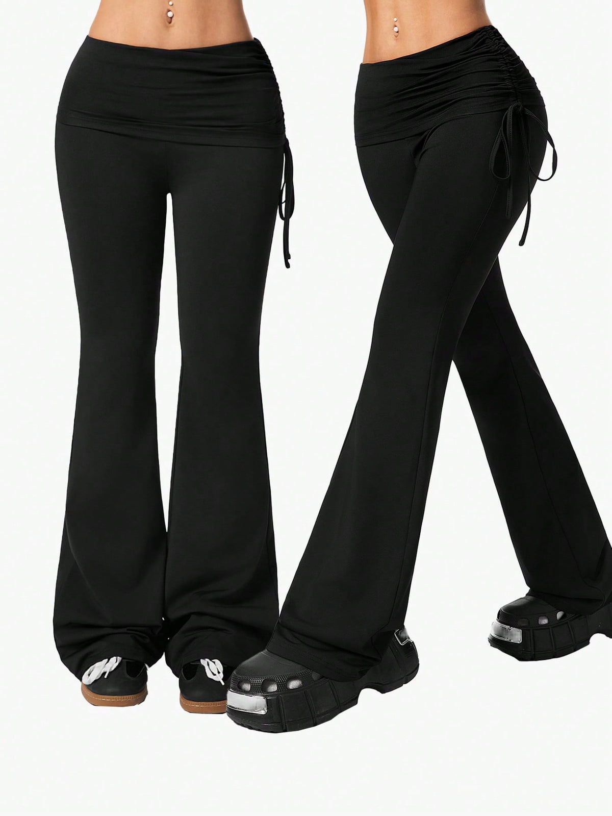 Women's striped flare leg pants featuring a mid-rise waist, slim fit thigh, and ruched side drawstring detail in stretch knit fabric.